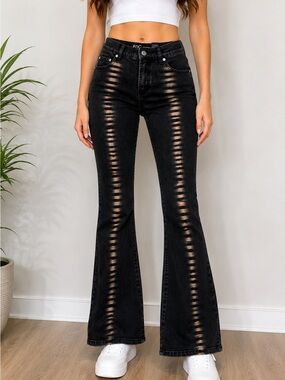 EnC Jeans Black Coated Wide Leg Jeans Size 5 High Rise